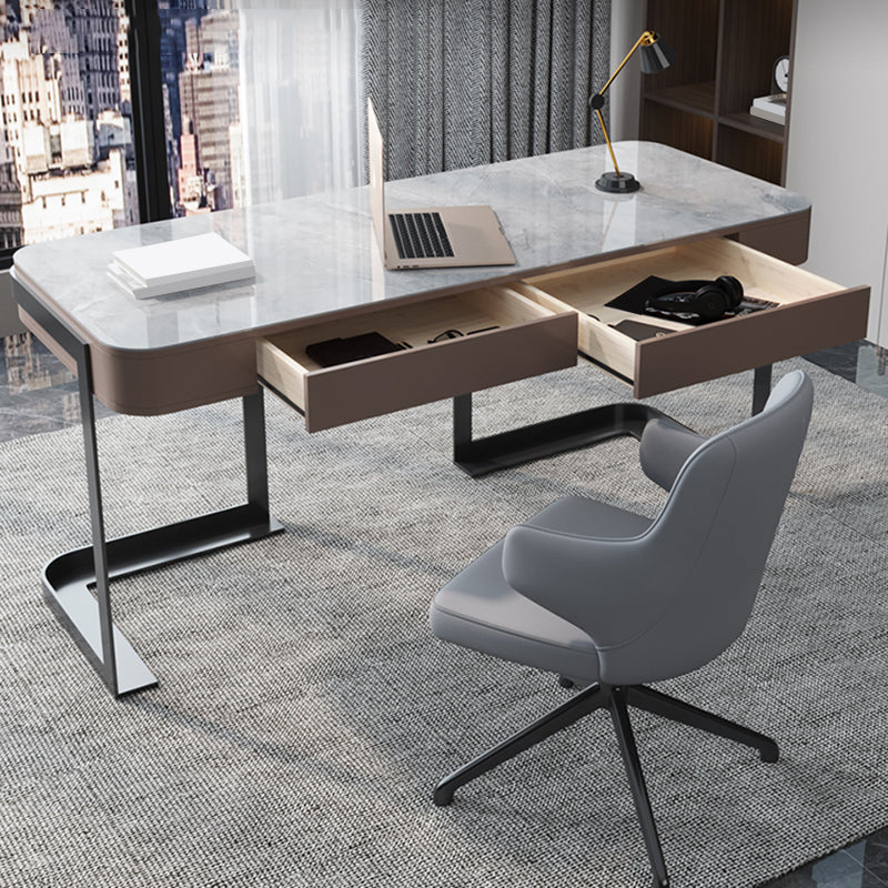 Modern Slate Top Office Desk Rectangle Writing Desk with 2 Drawers for Home