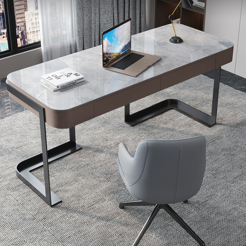 Modern Slate Top Office Desk Rectangle Writing Desk with 2 Drawers for Home