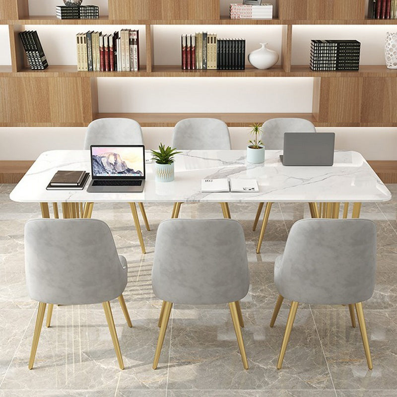 Rectangular Shaped Office Task Desk Stone Writing Desk in White and Gold for Office