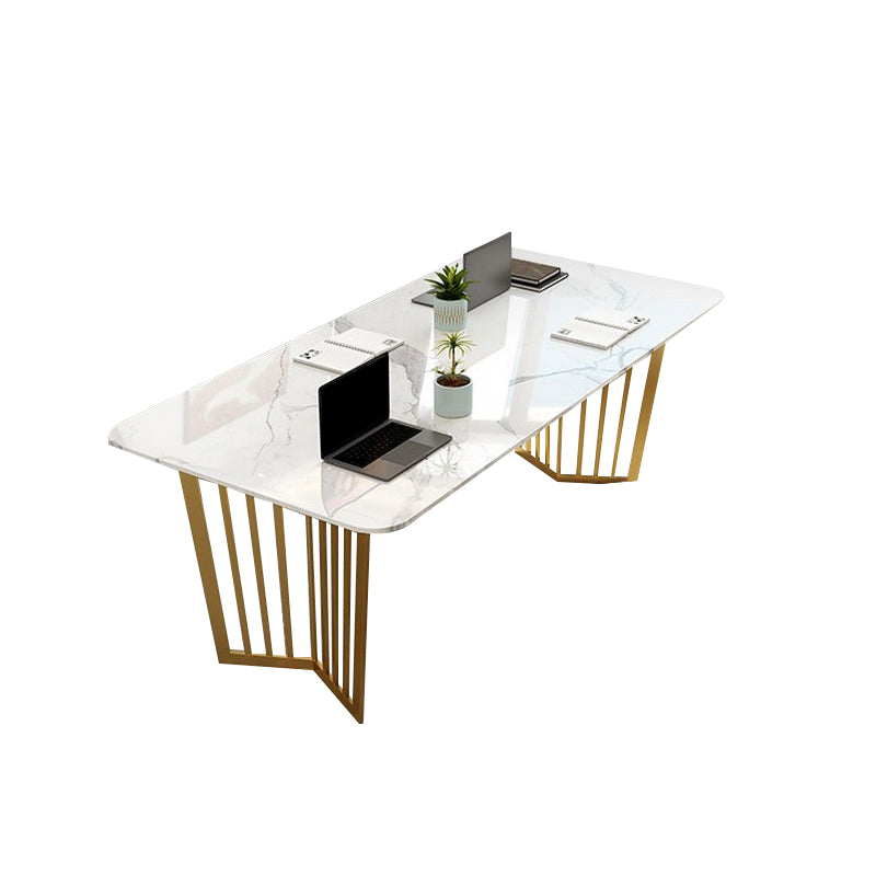 Rectangular Shaped Office Task Desk Stone Writing Desk in White and Gold for Office