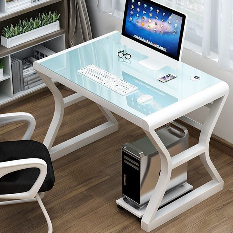 Toughened Glass Computer Desk Rectangular Shape Task Desk with 2-Legs for Home