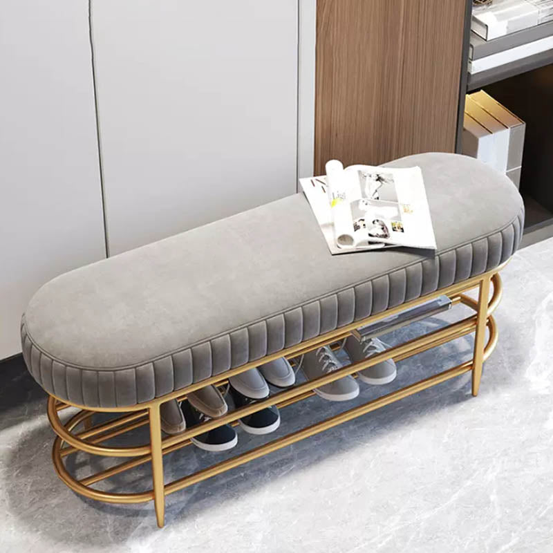 Glam Entryway Bench Cushioned Metal Seating Bench with Shelves , 12.5 Inch Width