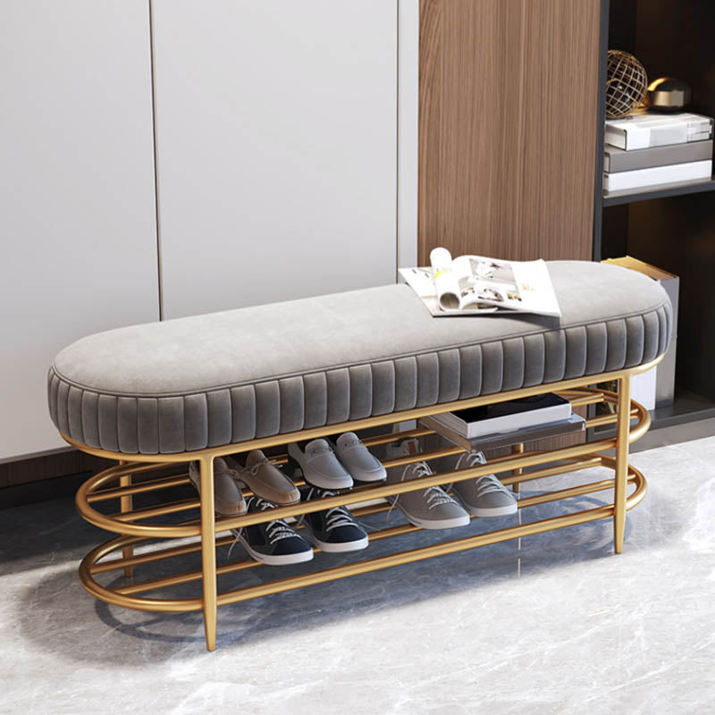 Glam Entryway Bench Cushioned Metal Seating Bench with Shelves , 12.5 Inch Width