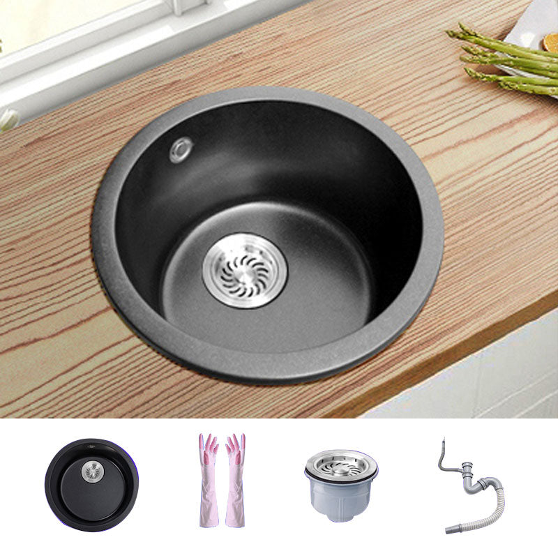 Round Granite Kitchen Sink in Black with Drain Assembly Undermount Sink