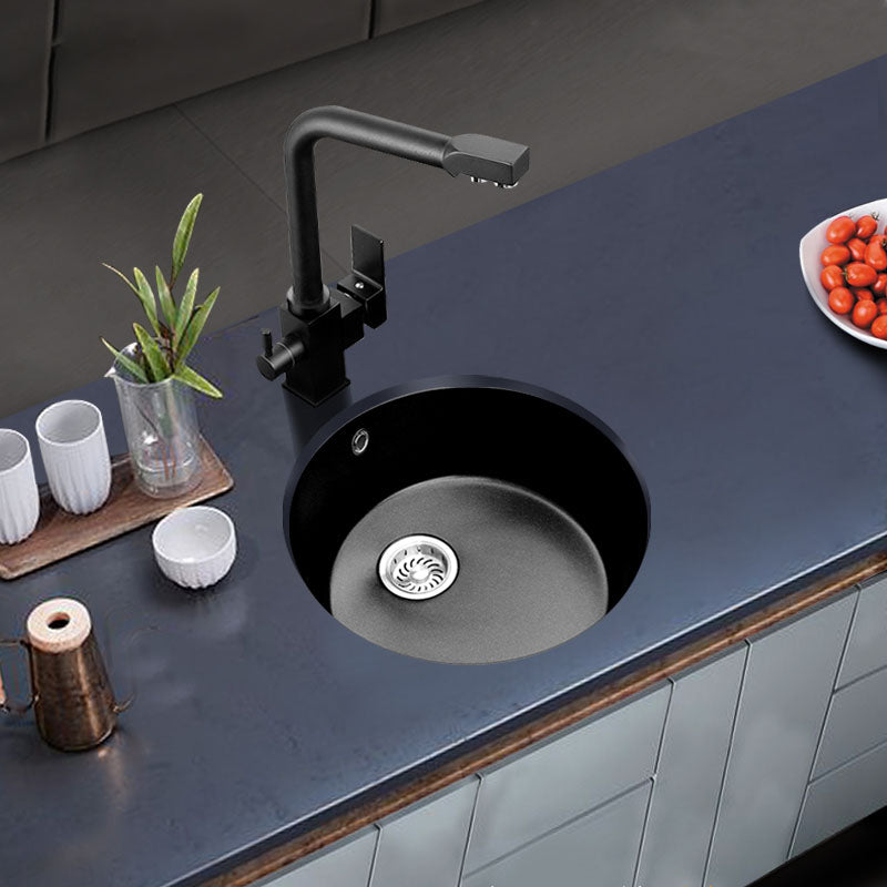 Round Granite Kitchen Sink in Black with Drain Assembly Undermount Sink