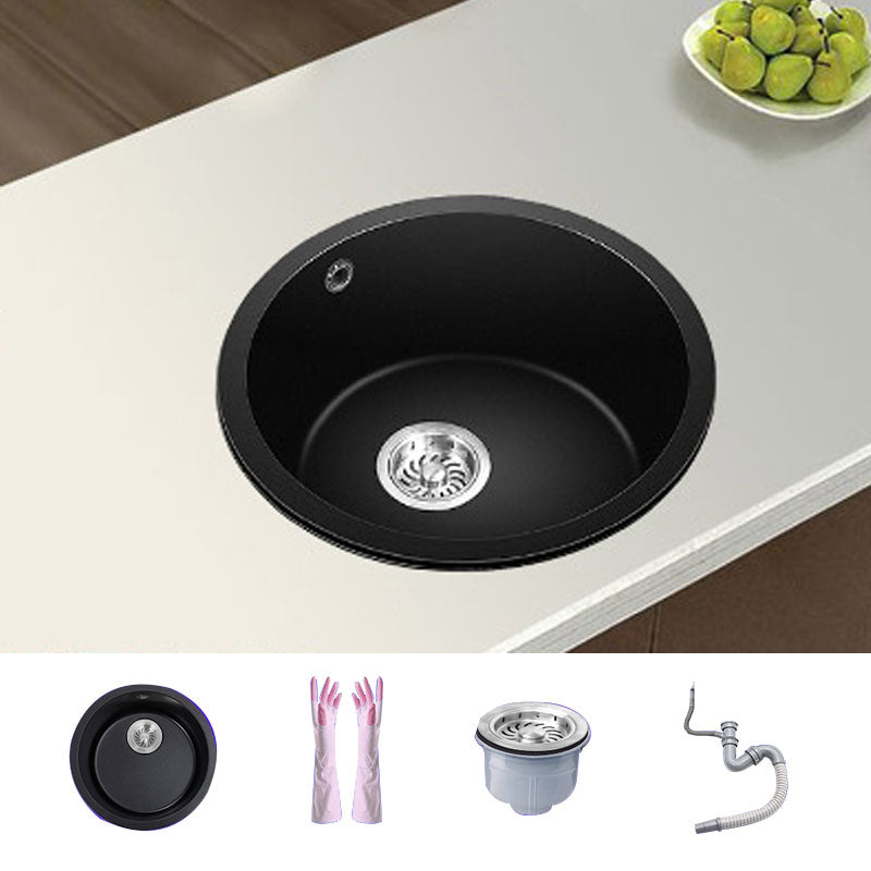 Round Granite Kitchen Sink in Black with Drain Assembly Undermount Sink