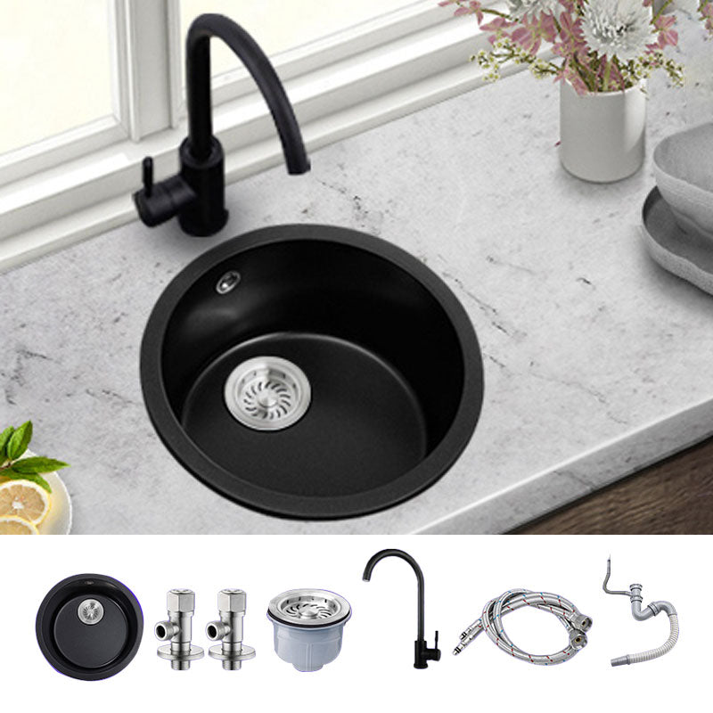 Round Granite Kitchen Sink in Black with Drain Assembly Undermount Sink