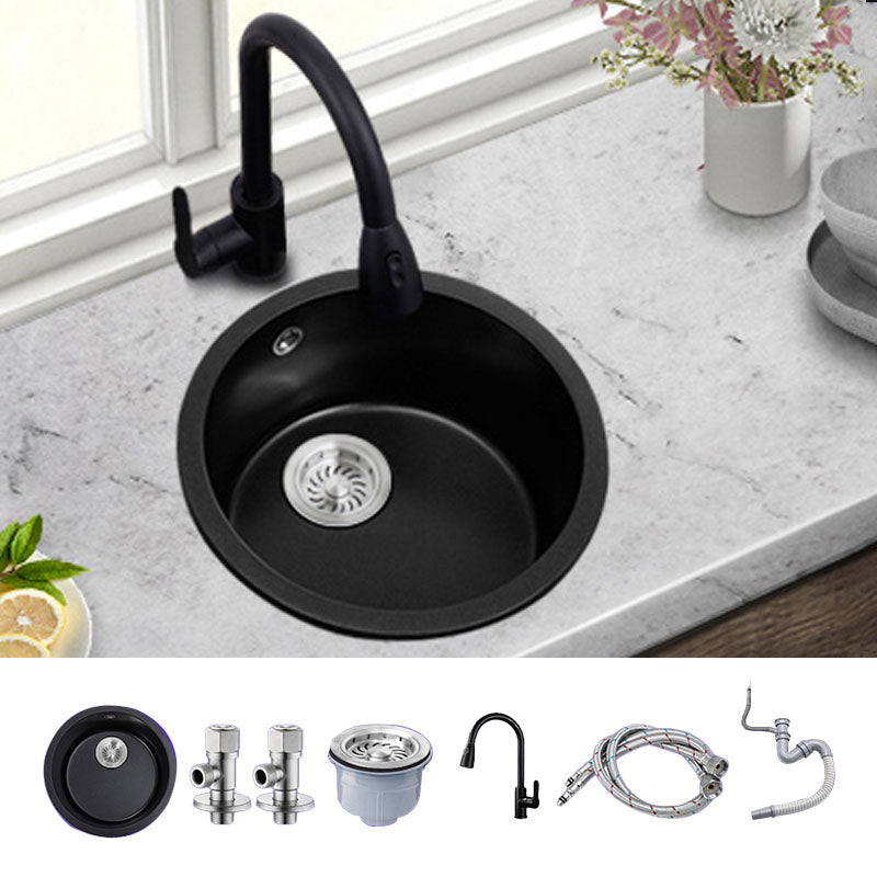 Round Granite Kitchen Sink in Black with Drain Assembly Undermount Sink