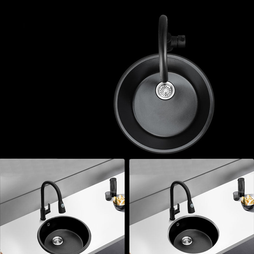 Round Granite Kitchen Sink in Black with Drain Assembly Undermount Sink