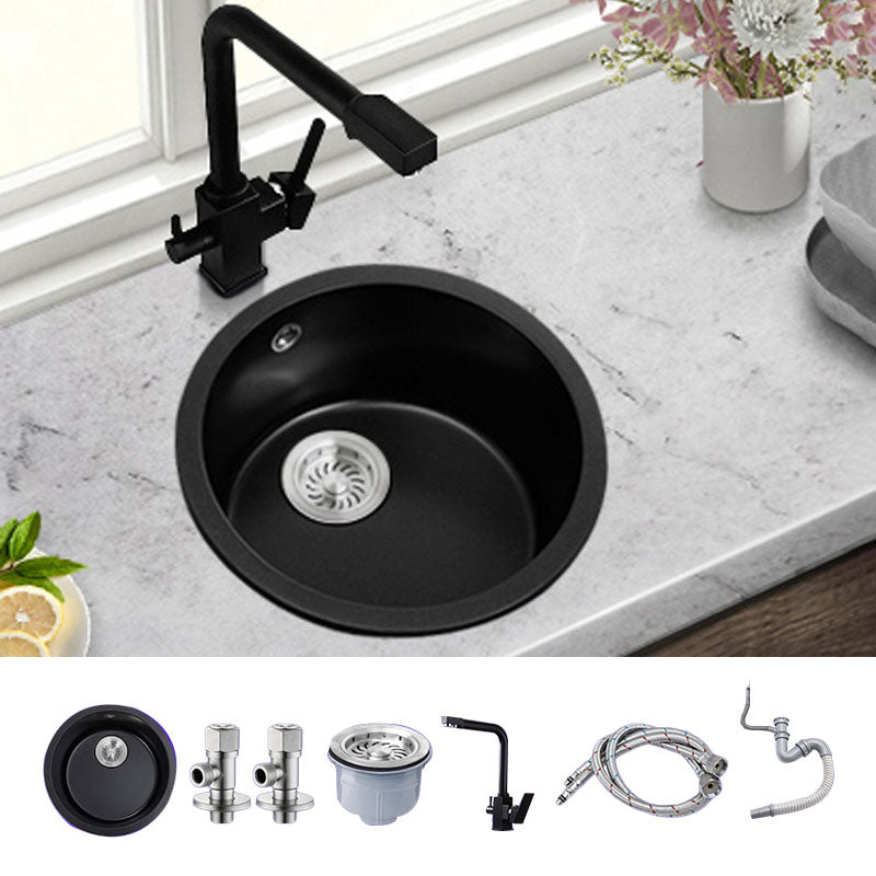 Round Granite Kitchen Sink in Black with Drain Assembly Undermount Sink