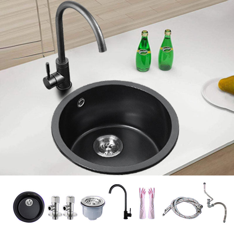 Round Granite Kitchen Sink in Black with Drain Assembly Undermount Sink