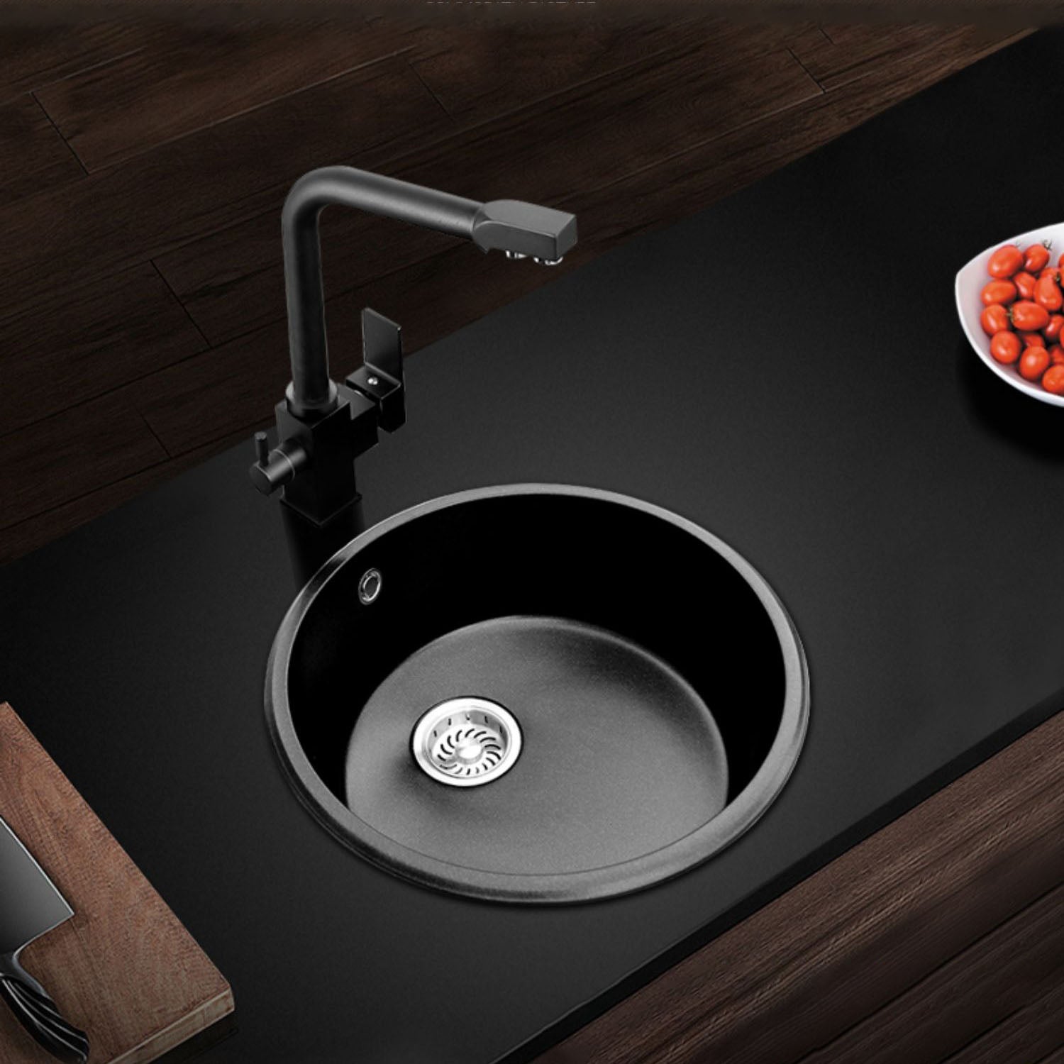 Round Granite Kitchen Sink in Black with Drain Assembly Undermount Sink