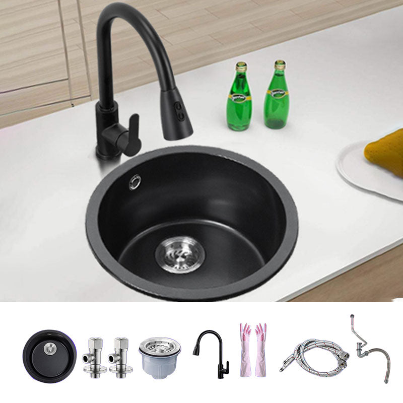 Round Granite Kitchen Sink in Black with Drain Assembly Undermount Sink