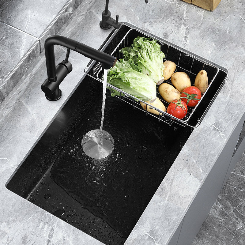 Contemporary Black Sink Single Bowl Overflow Hole Kitchen Sink with Faucet