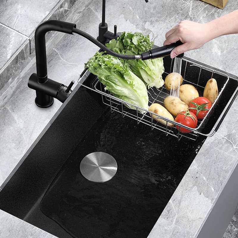 Contemporary Black Sink Single Bowl Overflow Hole Kitchen Sink with Faucet