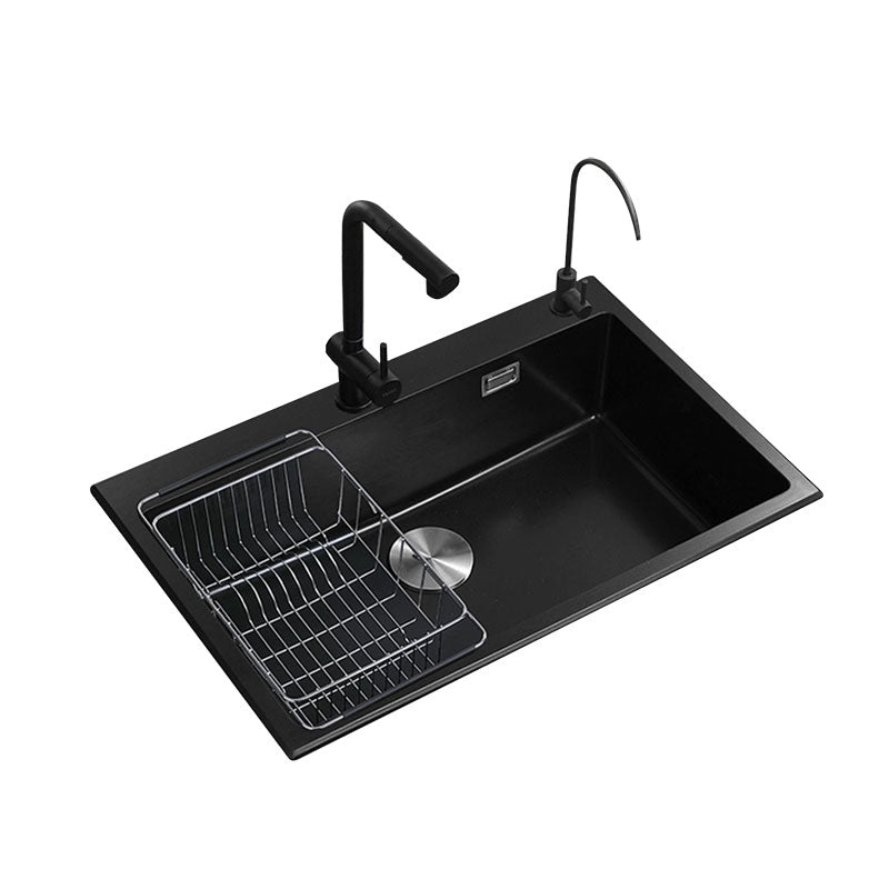 Contemporary Black Sink Single Bowl Overflow Hole Kitchen Sink with Faucet