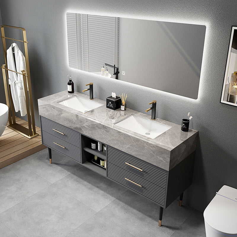 Single Sink Vanity Set Stone Top Mirror Freestanding Drawers Grey Bathroom Vanity