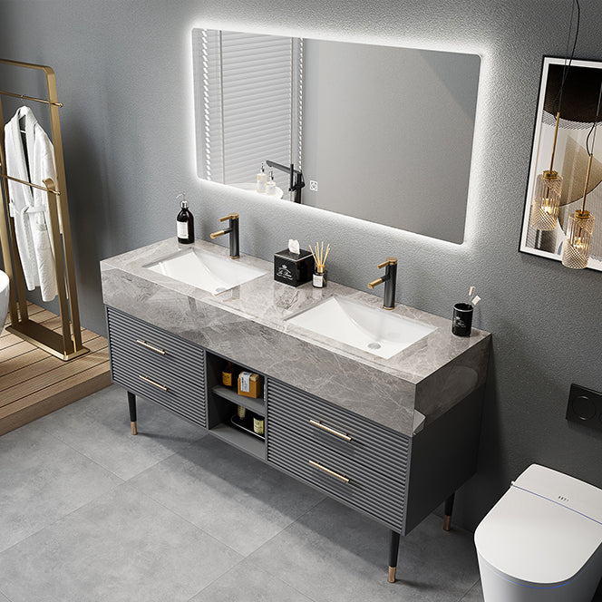 Single Sink Vanity Set Stone Top Mirror Freestanding Drawers Grey Bathroom Vanity