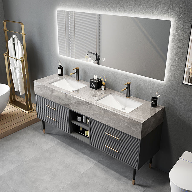 Single Sink Vanity Set Stone Top Mirror Freestanding Drawers Grey Bathroom Vanity