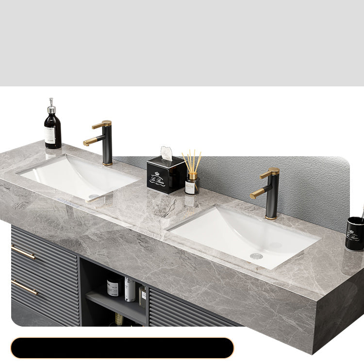 Single Sink Vanity Set Stone Top Mirror Freestanding Drawers Grey Bathroom Vanity