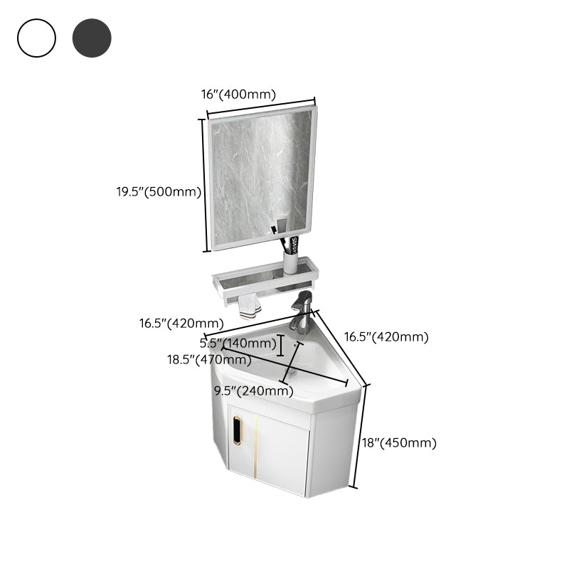 Wall Mounted Corner Vanity Triangular Single Sink Mirror Metal Frame Bath Vanity with Door