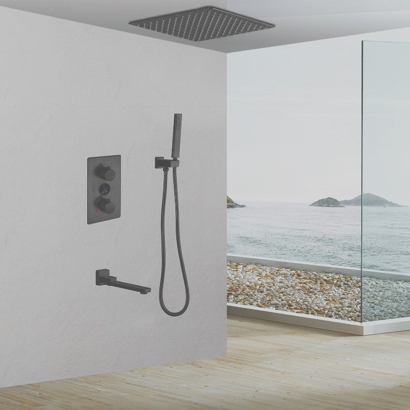 Copper Shower Set Rain Shower Head Square Ceiling-Mounted Shower System with Handshower