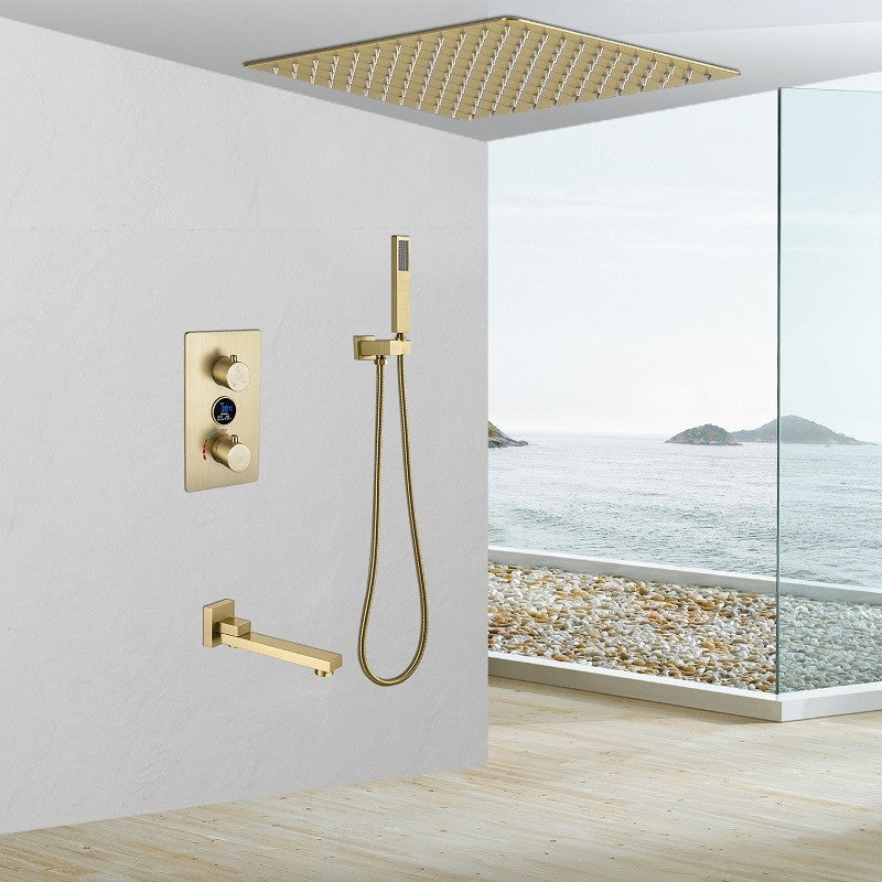 Copper Shower Set Rain Shower Head Square Ceiling-Mounted Shower System with Handshower