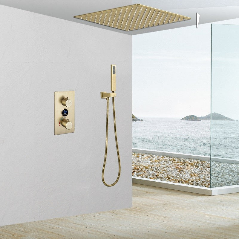 Copper Shower Set Rain Shower Head Square Ceiling-Mounted Shower System with Handshower