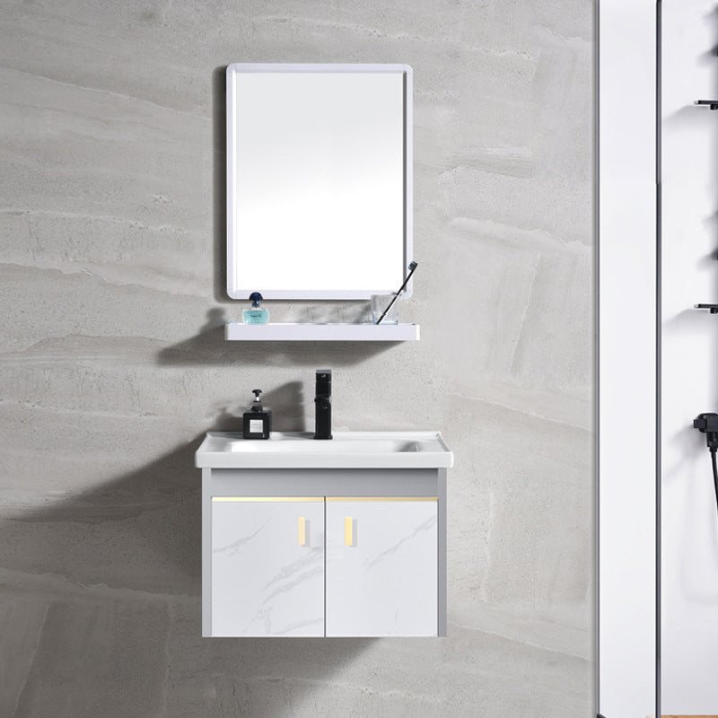 Metal Frame Bathroom Vanity White Single Sink Wall-Mounted 2 Doors Vanity with Mirror