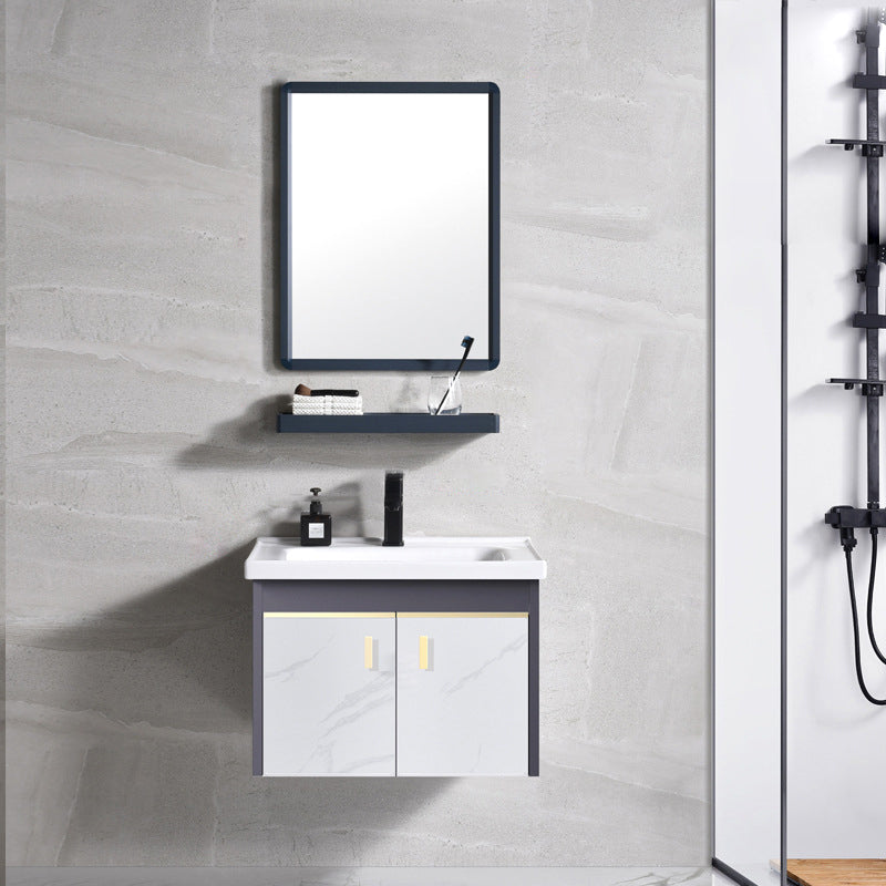 Metal Frame Bathroom Vanity White Single Sink Wall-Mounted 2 Doors Vanity with Mirror