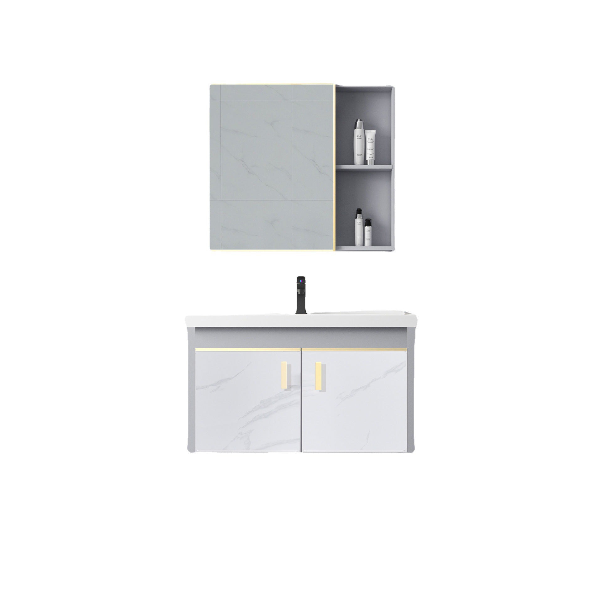 Metal Frame Bathroom Vanity White Single Sink Wall-Mounted 2 Doors Vanity with Mirror