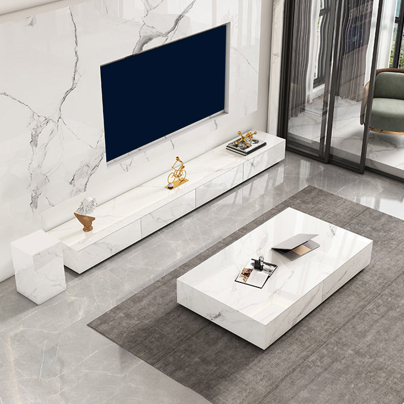 White Stone TV Console Contemporary 4 Drawers Cabinet Media Console