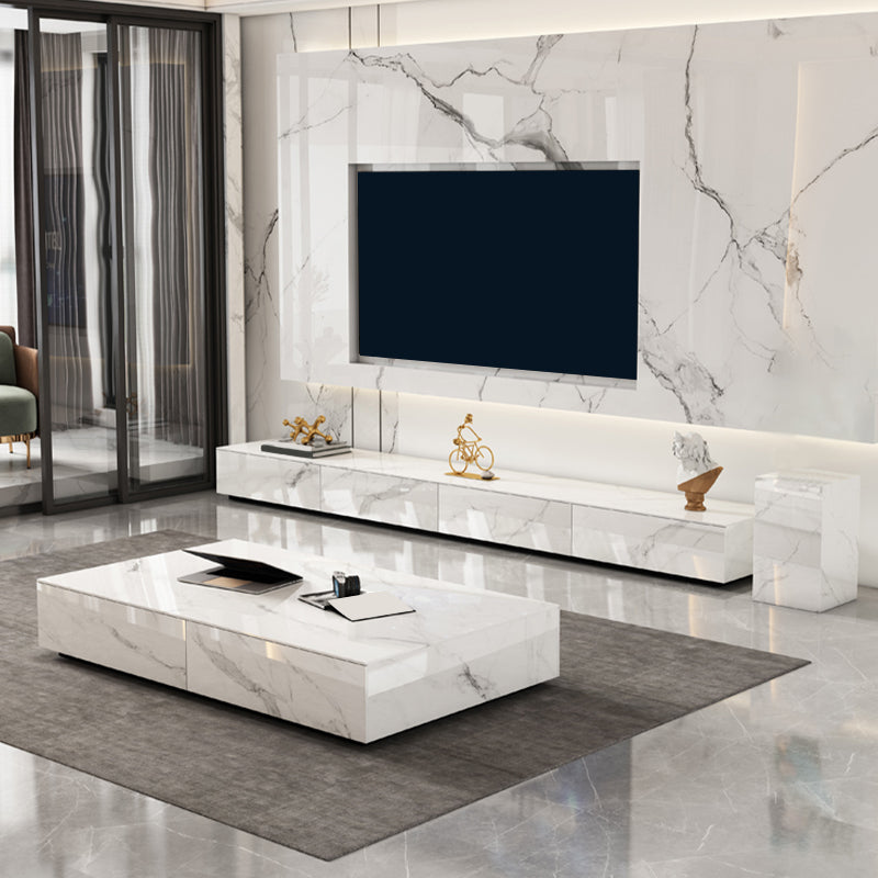 White Stone TV Console Contemporary 4 Drawers Cabinet Media Console