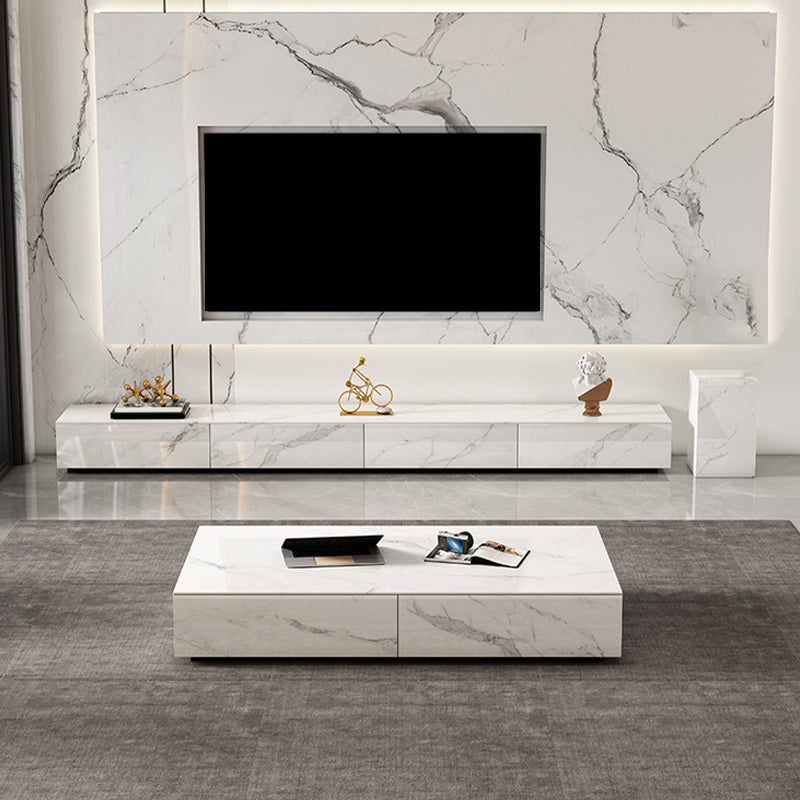 White Stone TV Console Contemporary 4 Drawers Cabinet Media Console