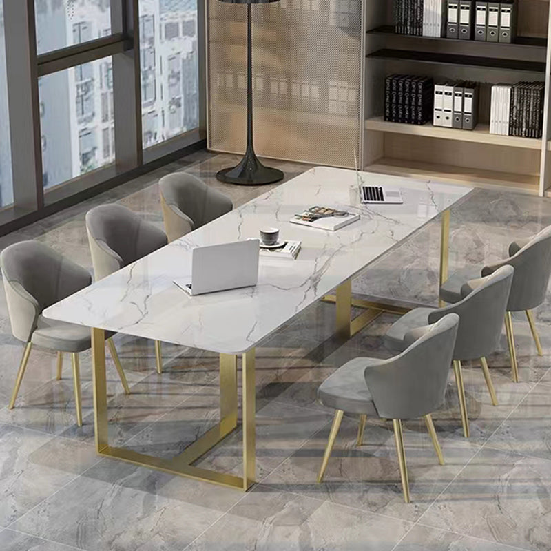 Rectangular Shaped Office Working Table Stone Writing Desk in White and Gold