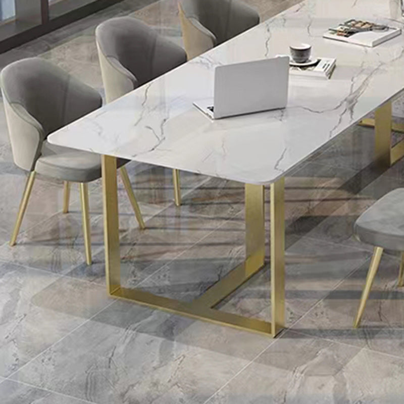 Rectangular Shaped Office Working Table Stone Writing Desk in White and Gold