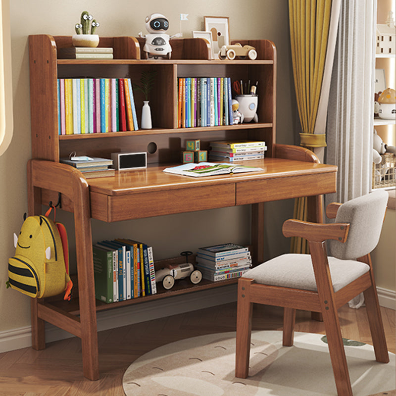 Solid Wood Study Desk Home with Bookshelf with Storage Drawer Writing Desk