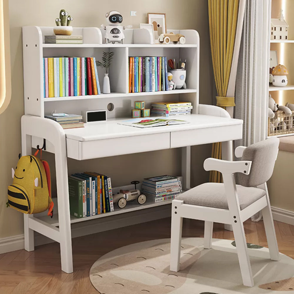 Solid Wood Study Desk Home with Bookshelf with Storage Drawer Writing Desk