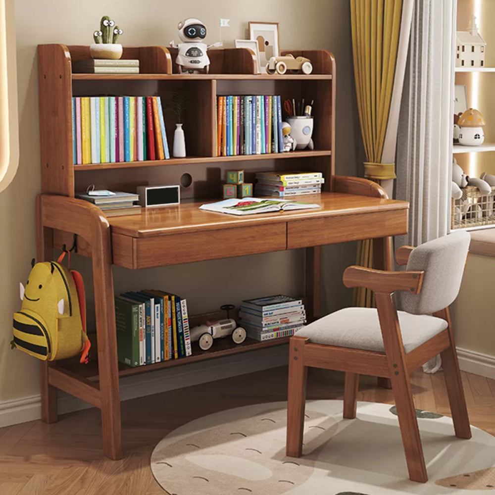 Solid Wood Study Desk Home with Bookshelf with Storage Drawer Writing Desk