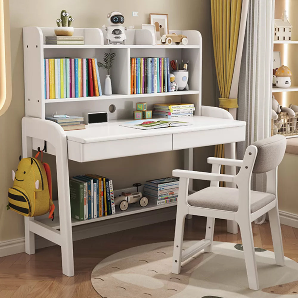 Solid Wood Study Desk Home with Bookshelf with Storage Drawer Writing Desk