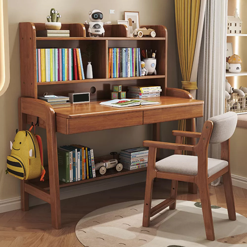 Solid Wood Study Desk Home with Bookshelf with Storage Drawer Writing Desk