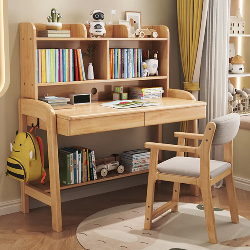 Solid Wood Study Desk Home with Bookshelf with Storage Drawer Writing Desk