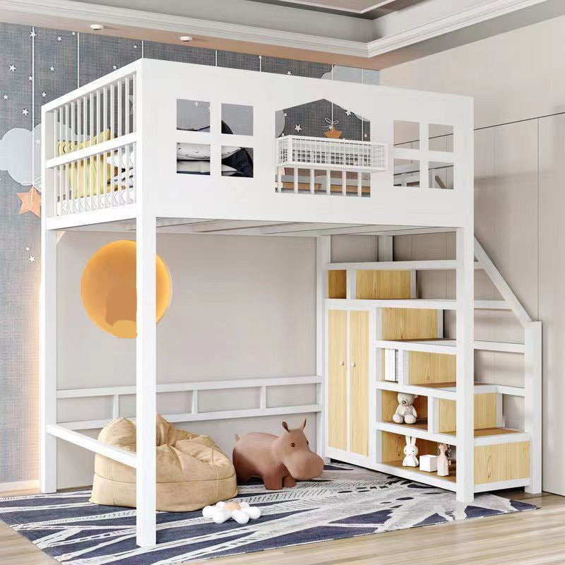 Contemporary Iron Loft Bed Black / White Kid Bed with Stairway