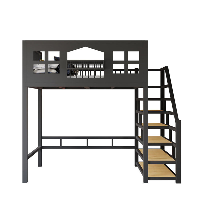 Contemporary Iron Loft Bed Black / White Kid Bed with Stairway