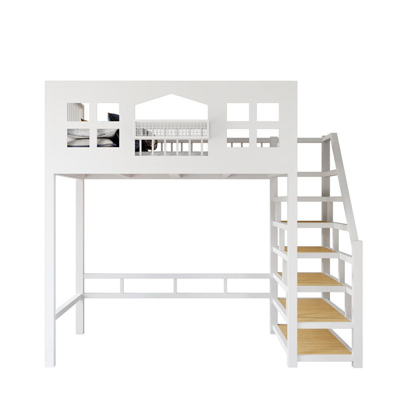 Contemporary Iron Loft Bed Black / White Kid Bed with Stairway