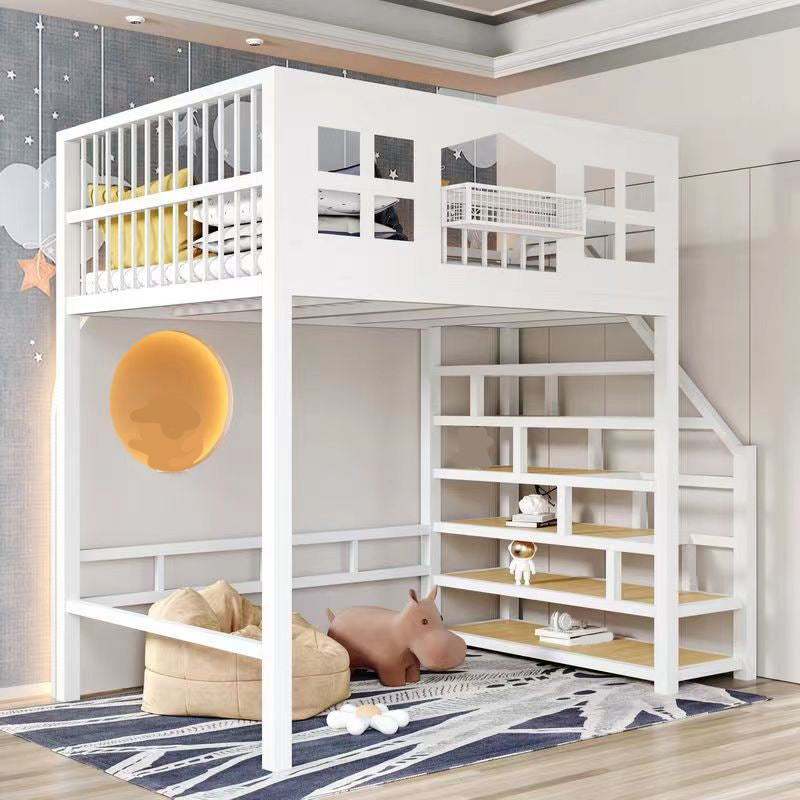 Contemporary Iron Loft Bed Black / White Kid Bed with Stairway