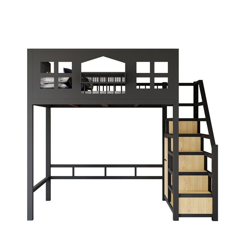 Contemporary Iron Loft Bed Black / White Kid Bed with Stairway