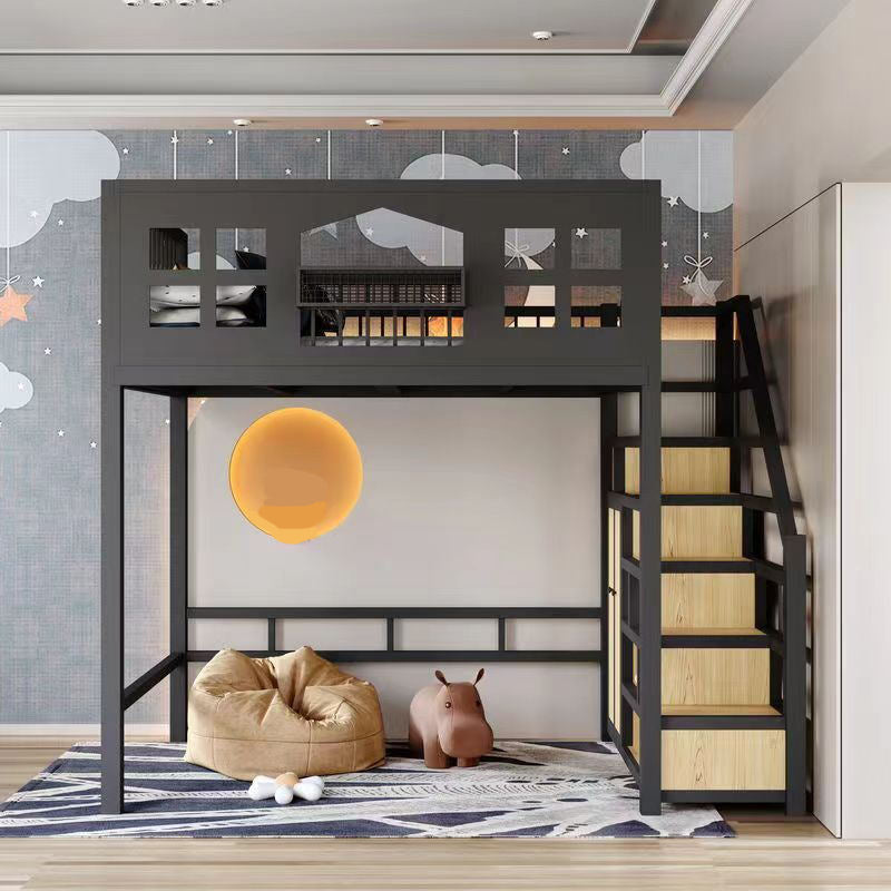 Contemporary Iron Loft Bed Black / White Kid Bed with Stairway