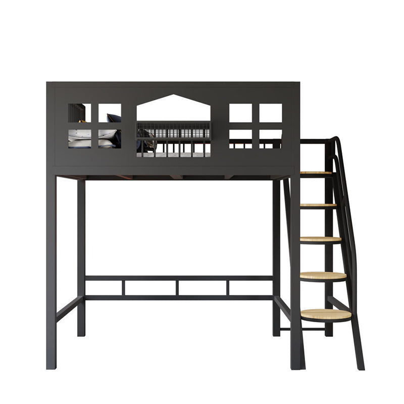 Contemporary Iron Loft Bed Black / White Kid Bed with Stairway