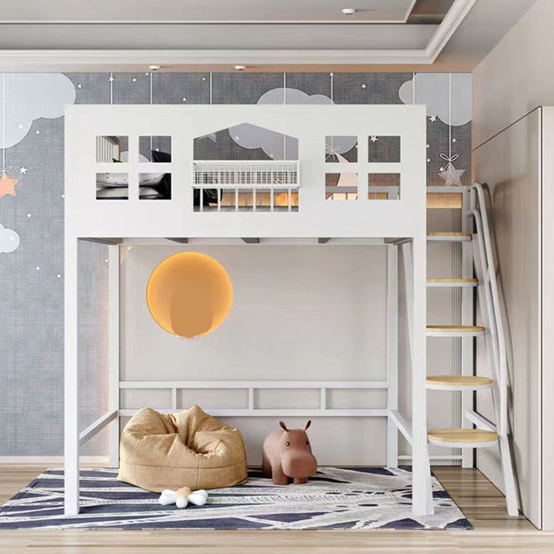 Contemporary Iron Loft Bed Black / White Kid Bed with Stairway